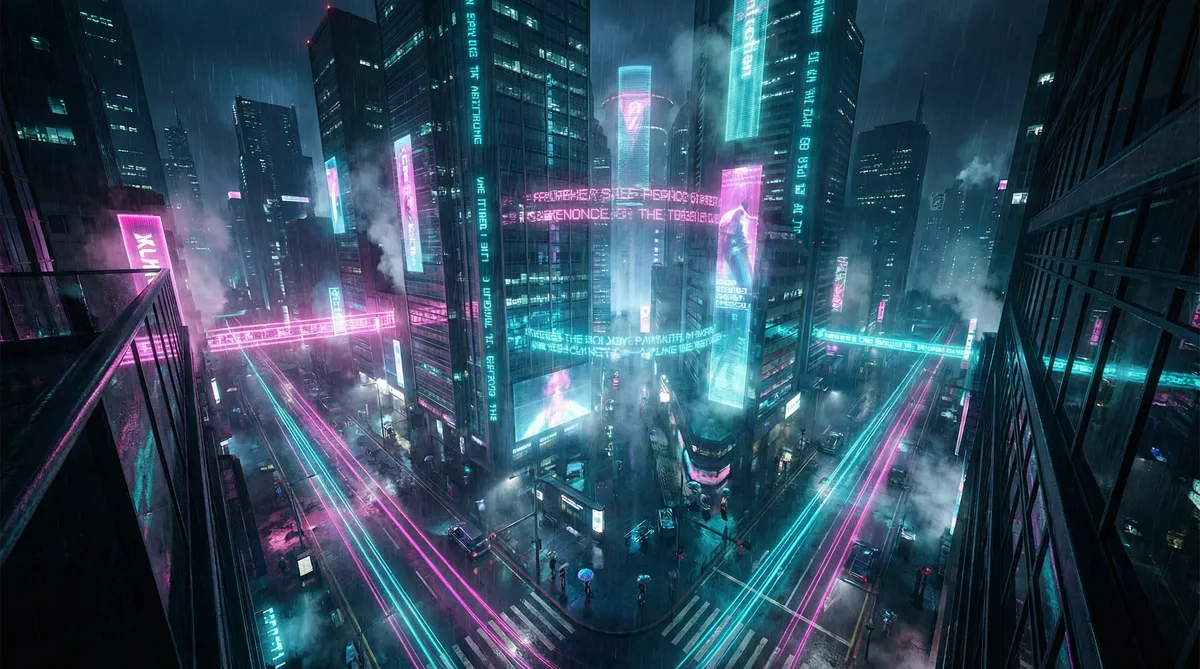 路虎影院 竖屏短剧平台首页背景 - 赛博朋克都市夜景